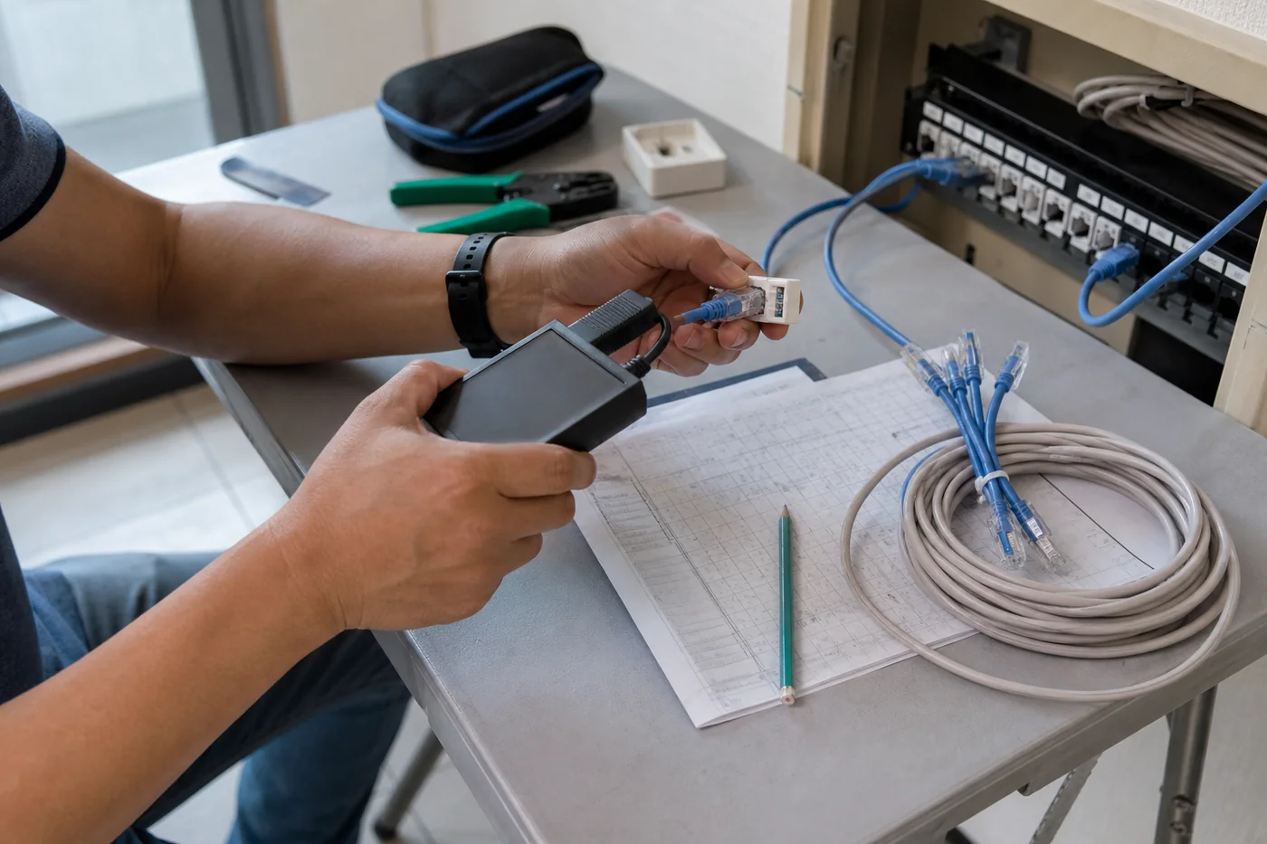 技術人員使用纜線測試設備並記錄弱電箱端口的施工驗收情境
