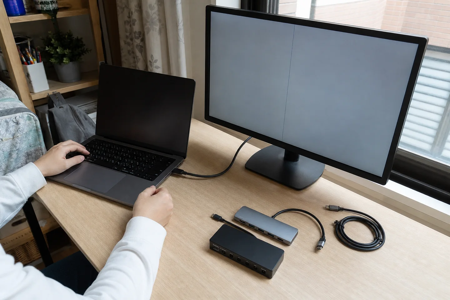筆電以單一短線直連螢幕,Dock、KVM 與備用線材先移出訊號鏈
