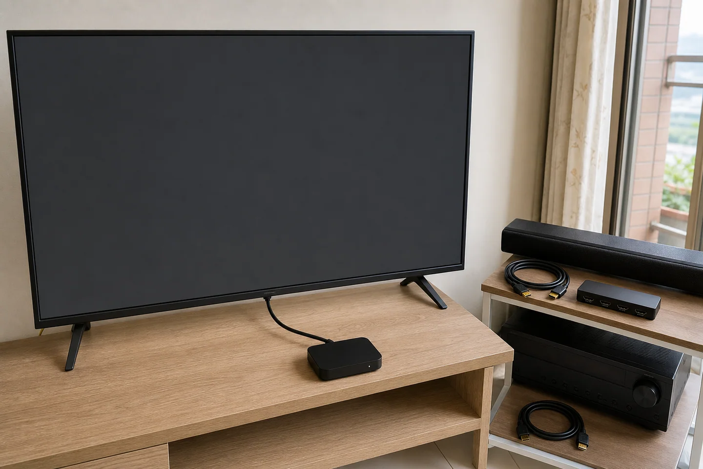 來源裝置以一條短 HDMI 線直連電視,Soundbar、切換器與擴大機暫時移出訊號鏈