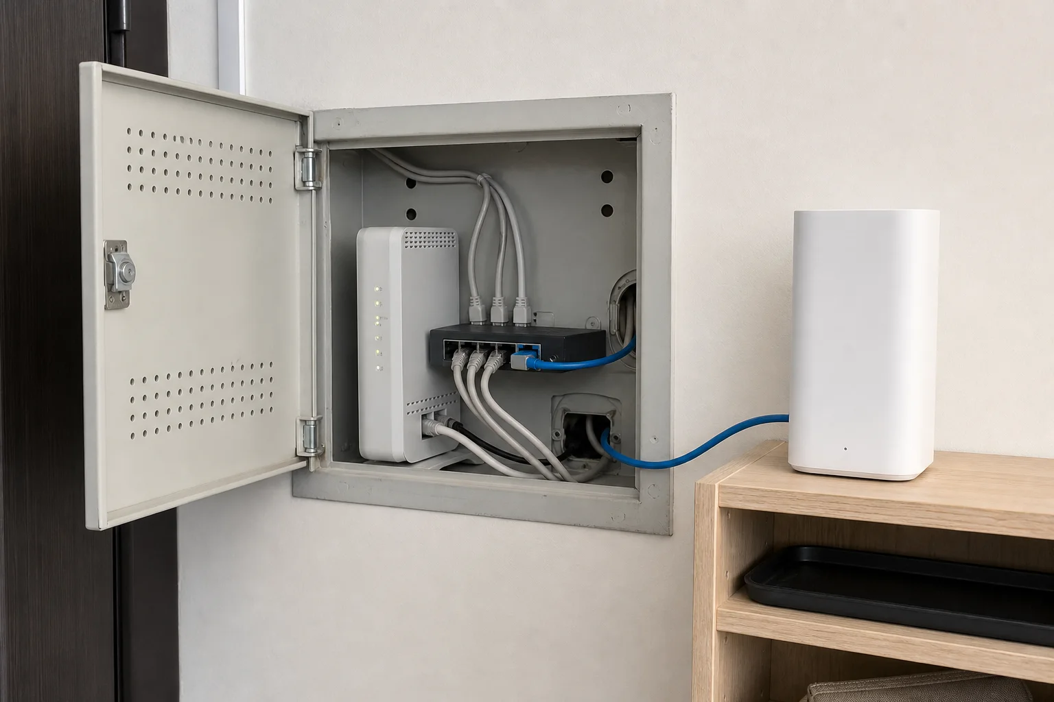 台灣住宅弱電箱中的數據機與交換器,透過網路線把 Mesh 節點放在箱外開放層架