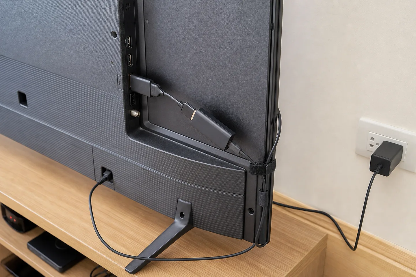 電視棒以短 HDMI 延長線接到電視,並用獨立牆上電源供電的配置示意
