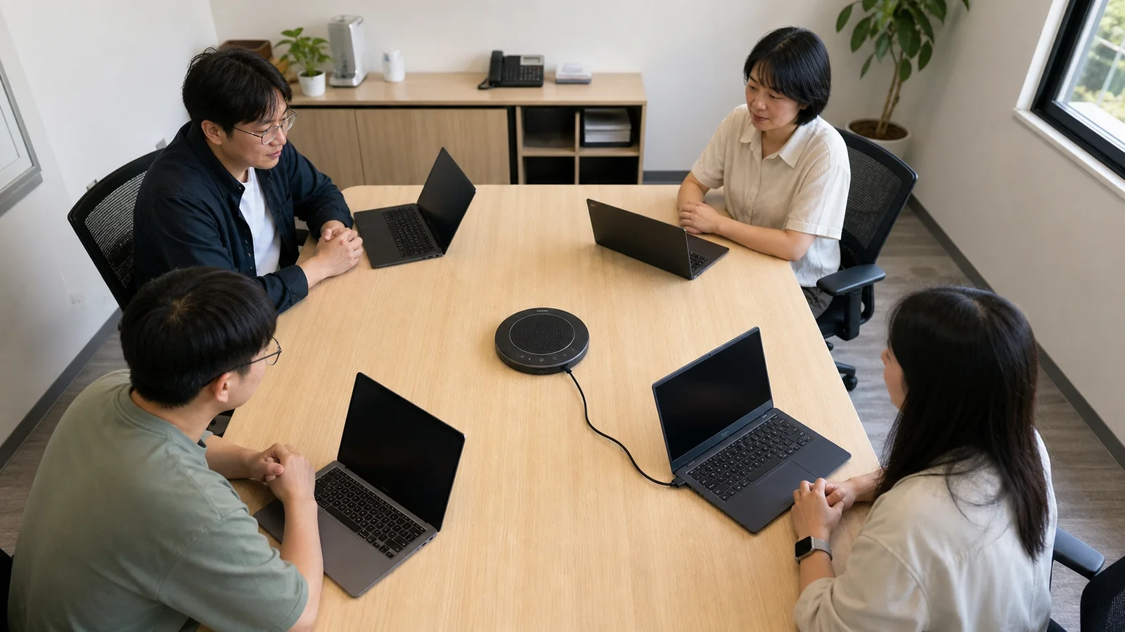 四人會議桌中央放置單一會議喇叭,只有一台主機以 USB 連接